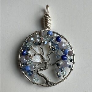 Handcrafted Silver Tree of Life Pendant with Blue Beads
